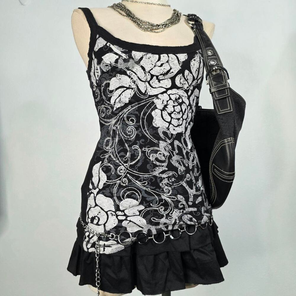 Y2K Black Floral Tank Top Ribbed Fairy Grunge Fitted Cami Cyber Y2K Tank Large